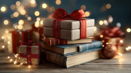 Festive stack of books wrapped as holiday gifts
