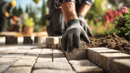 A laborer installing vibrant paving stones along a garden walkway