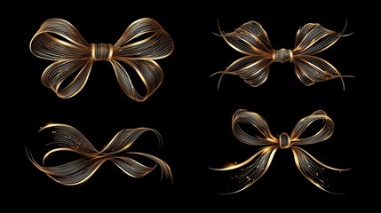 Four ornate golden ribbon bows with metallic sheen and sparkling details on black background