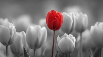Single red tulip standing out among monochrome flowers