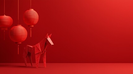 Origami dog with hanging red lanterns on red background with copy space