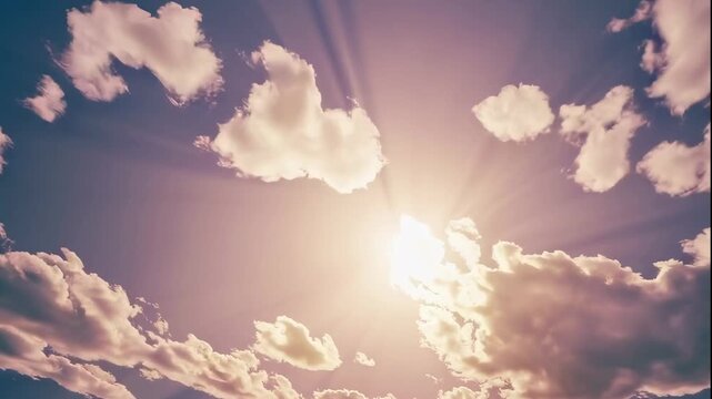 A serene video of the sun shining through fluffy white clouds in a clear blue sky during a beautiful sunset