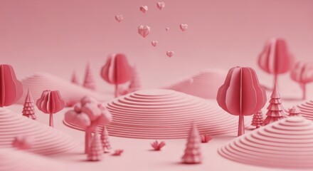 Pink 3D Landscape with Trees and Hills.