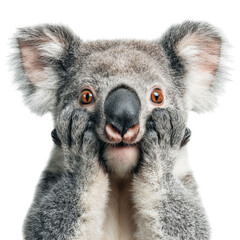 PNG of A surprised koala with wide eyes and paws on its face, displaying a playful expression.