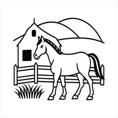 Horse in Field Near Wooden Barn Vector