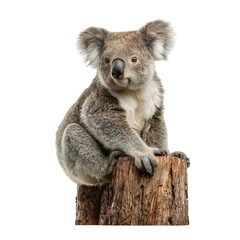 PNG of A cute koala sitting on a tree stump, showcasing its fluffy gray fur and bright eyes.