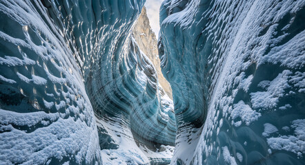 Blue ice canyon with snow-covered glacial walls in winter. View from inside a deep crevasse looking up at a mountain peak