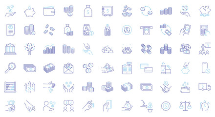 Money and finance icon set. Thin line editable stroke icons for savings, investment, payment, banking, accounting, currency, profit, business growth, cash flow, and financial management.