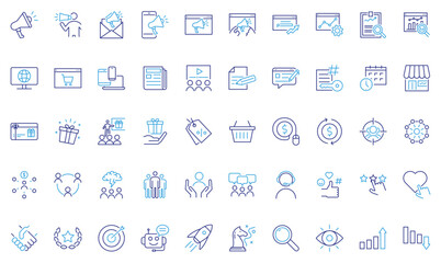 Obraz premium Digital marketing icon set. Thin line editable stroke icons for advertising, branding, social media, content creation, email campaign, seo, analytics, e-commerce, strategy, and customer engagement.