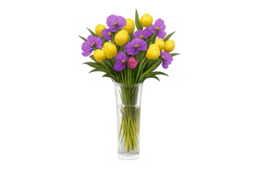 Floral arrangement featuring yellow tulips and purple blossoms in a glass vase, symbolizing spring and beauty