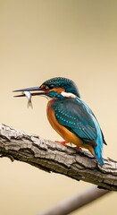 Fototapeta premium A vibrant common kingfisher perched on a weathered branch, skillfully holding a small fish in its beak, showcasing its exquisite plumage and natural hunting prowess against a soft, blurred backdrop