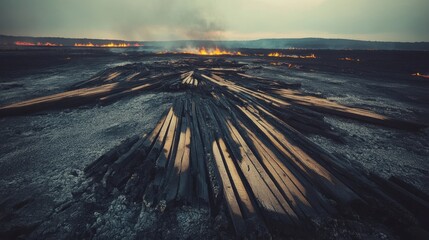 A landscape of splintered and fire scorched wooden planks lies amidst a smoldering inferno and billowing smoke on the horizon