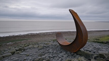A large abstract rusted metal sculpture rests precariously on a rocky beach near the ocean under a cloudy sky
