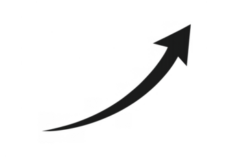 Black curved arrow showing upward trend, business growth, success, increasing earnings, financial progress, and rising statistics on transparent background
