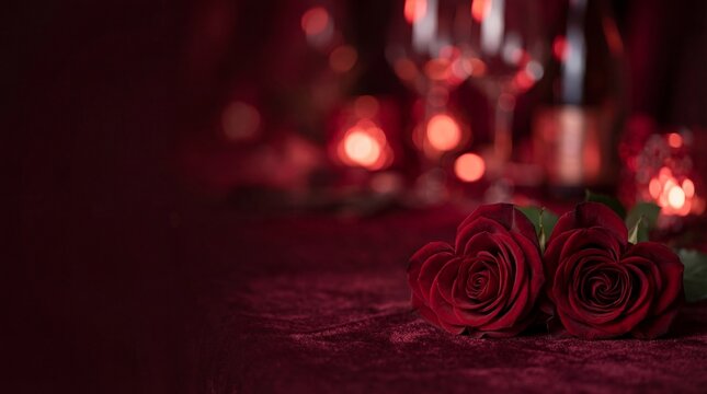 Romantic red roses on velvet table with wine and candles