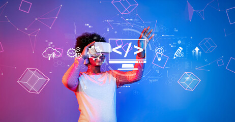 A person immersed in virtual reality, exploring coding and web development through interactive graphics, showcasing the fusion of technology and creativity. XDMCP