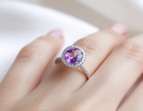 Womans Hand Wearing Amethyst Engagement Ring.