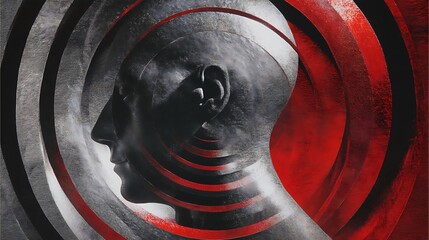 abstract composition of human head trapped inside rotating geometric rings, metallic textures, red-gray contrast, fine art minimalism — v 7 