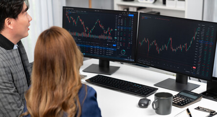 Panoramic photo of analyzing Asian businesswoman looking dynamic stock exchange data on two screen talking with businessman partner online website program at home office at back side view. Infobahn.