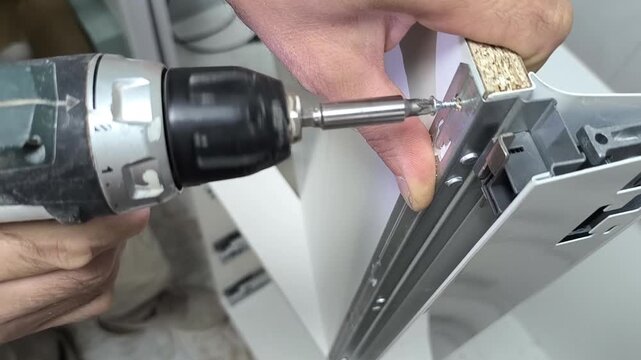 The hands of a worker using a screwdriver to tighten a screw into a door hinge or a whiteboard. Furniture assembly at the customer's home.