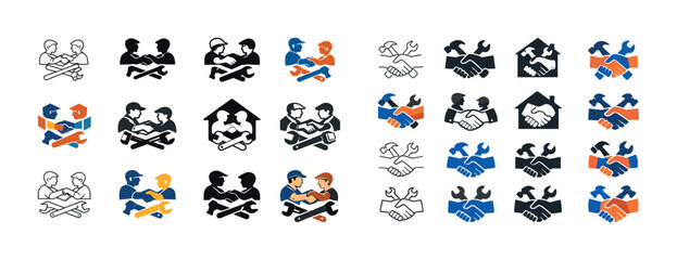 Set of icons: tradesmen, handshake, tools - diverse professions and collaboration symbols