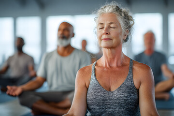 A group of senior people stretching on yoga mats in studio. Senior people doing guided meditation and yoga in studio. Happy, healthy elderly people.