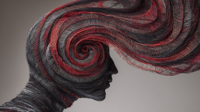a head made of fine wires twisted into an endless spiral, symbolic mental entrapment, gray and crimson palette, high-detail fine art &mdash; v 7 