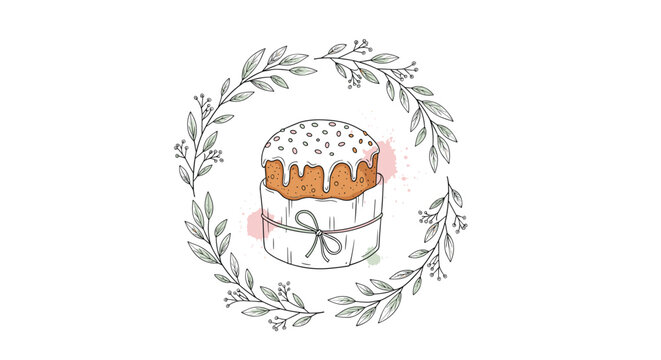 Traditional easter cake paska with white glaze and sprinkles inside a delicate hand drawn botanical wreath on a white background. - Powered by Adobe
