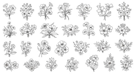Grid of small hand drawn floral bouquet sketches featuring various flowers and foliage in black and white line art style.
