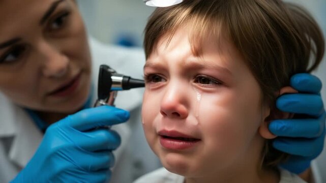 A young boy getting his ear examined by a doctor with an otoscope in a medical setting with a blue gloved hand holding his head