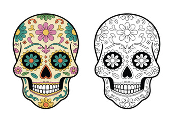 Fototapeta premium Colorful Sugar Skull and Outline Sugar Skull with Floral Decorations on White celebration costume