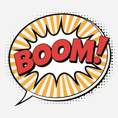 Comic Book Style Speech Bubble with the Word BOM in Bold Red Letters and Radial Yellow Lines boom text © Maru