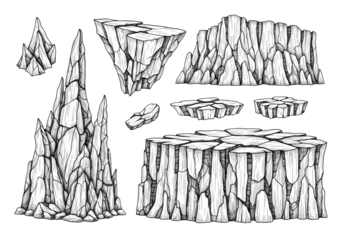 Monochromatic ink sketch of jagged rock formations, featuring sharp shards and craggy cliffs with intricate cross-hatching and stippling, on a transparent background with copy space, precise