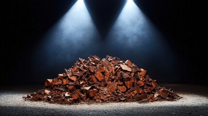 A large pile of broken chocolate pieces is dramatically lit by two bright spotlights against a dark background
