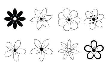 Obraz premium Set of Eight Simple Line Art and Silhouette Flower Icons Keywords: flowers, floral, icon, silhouette, line art, outline, black and white, simple