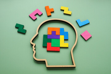 Human head with colorful puzzle pieces. Creative thinking.