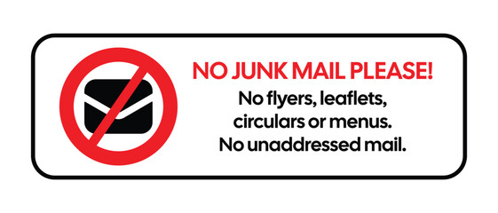 High-Contrast NO JUNK MAIL PLEASE! Door Sign with Universal Prohibition Icon - Professional Vector Property Management Graphic