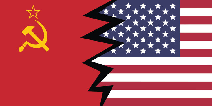 Split Image of Soviet Union Flag and American Flag with Jagged Crack Symbolizing Division communism