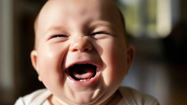 Closeup of a baby crying with a blurred background and a white shirt on