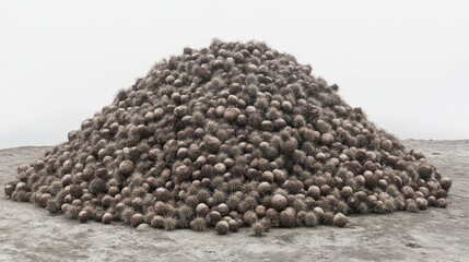 A large pile of desiccated spiky seed heads rests on a barren plain