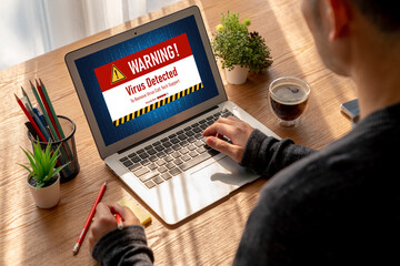 Virus warning alert on computer screen detected modish cyber threat , hacker, computer virus and malware