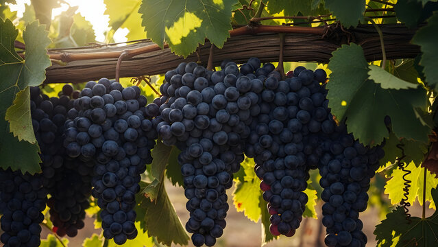 Close-up of ripe Najran grapes hanging in heavy purple clusters from a traditional trellis. Natural light highlights their rich color, freshness, and texture, reflecting Saudi Arabia&rsquo;s local.