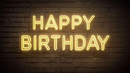 Obraz premium Luxurious Happy Birthday neon text on dark vintage brick wall interior