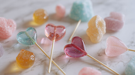Close-up of Glossy Heart Shaped Hard Candies with Glitter
