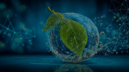 Leaf inside of falling drop water and bubble.Low polygon.Green technology and environment concept, water management and ecology system.Hi-tech and futuristic.Digital and technology concept background.