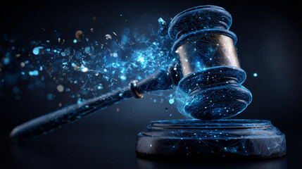 Polygonal Hammer of a judge. Vector mesh spheres from flying debris. Thin line concept. Blue structure style illustration