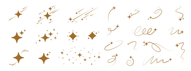 Shine sparkle icon set. Falling star with curvy tail. Shooting star. Magic wizard gesture. Idea concept. Vector blink star for logo, sparkle clip art. Cosmic body icon. 