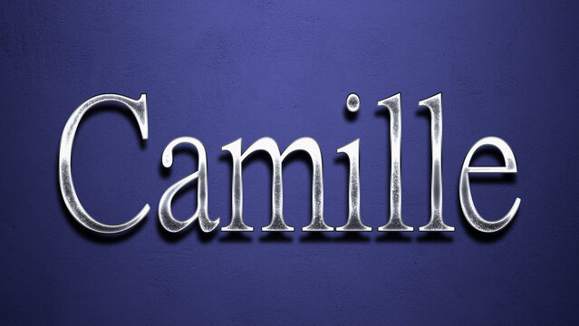 3D Chrome name design of Camille on blue Background.	
