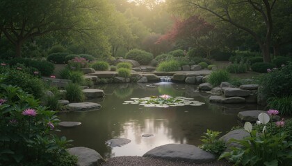 Naklejka premium A calm and peaceful scene of a quiet garden with water features and soft lighting, symbolizing peace and reflection in the Quran. 