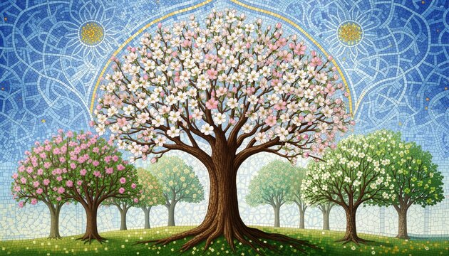 An intricate mosaic-style image showing different types of trees in bloom, representing diversity and unity in Islamic teachings.
